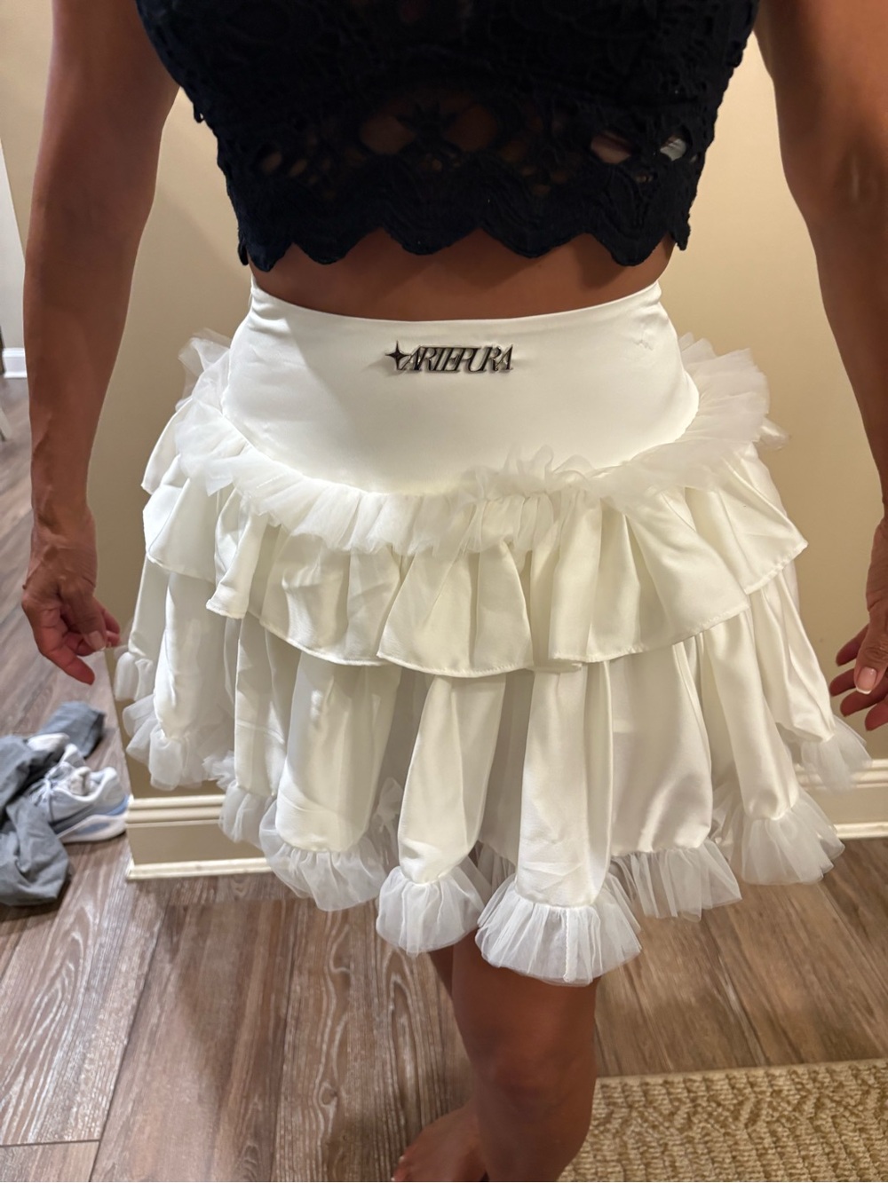 Arte Pura White Ruffled Couture Circle Skater Mini Skirt